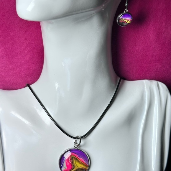 Vibrant Original Acrylic Pour Paint Abstract Art signed Jewelry Set 4185 B - Picture 8 of 11